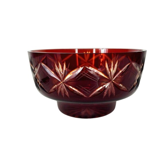VTG Faberge Ruby Red To Clear Diamond Cut Crystal Starburst Atomic Pedestal Bowl - Picture 4 of 13